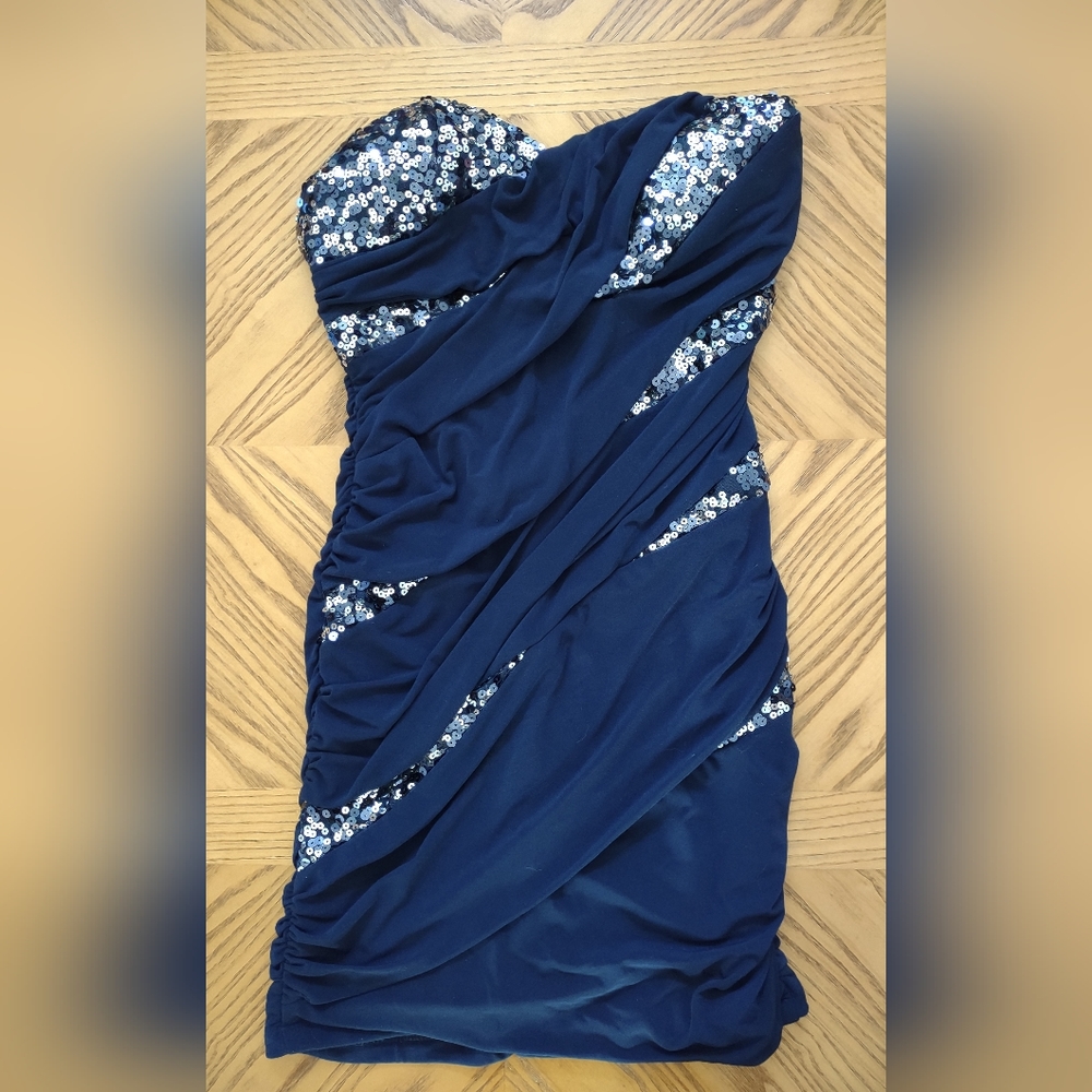 Deb navy blue sparkle mini prom dress